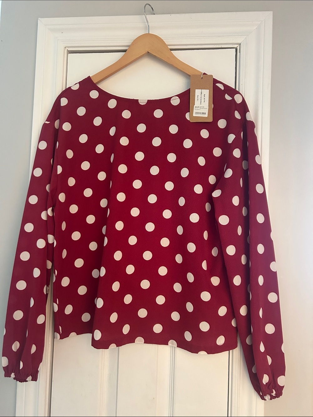 Polka Dot Long-Sleeve Blouse in Wine Red